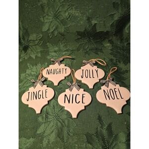 Rae Dunn Style Christmas Ornaments Naughty Nice Jolly Noel Jingle Set of 5 /0107